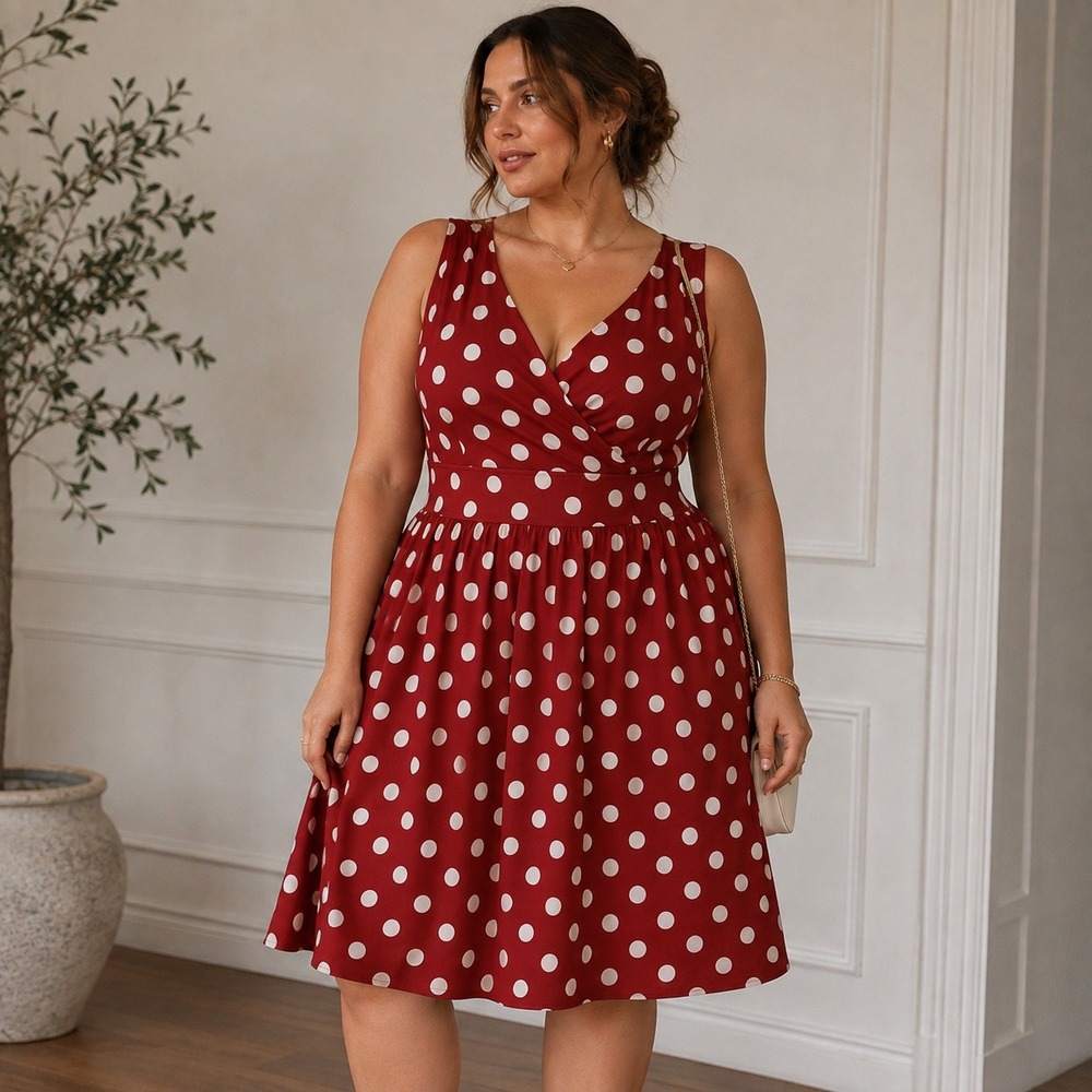 Coldwater Creek Polka Dot Fit & Flare Dress L Wine Red Rockabilly Pinup Classic